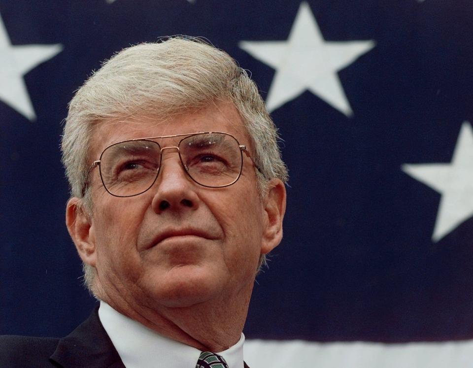 Jack Kemp on Aug. 10, 1996, in Russell, Kan., as Republican presidential candidate Bob Dole introduces him as his running mate.