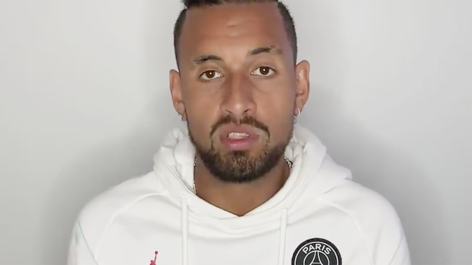 Nick Kyrgios is pictured in a screenshot from a video he posted, announcing he will not be competing in this year's US Open.