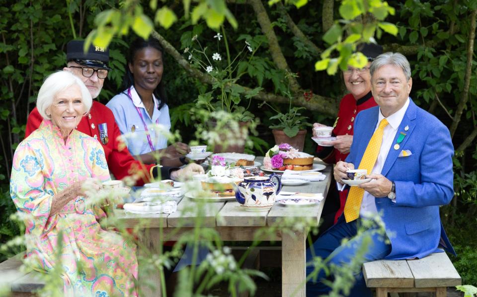 Chelsea Flower Show 2024 Press Day Dame Mary Berry with Alan Titchmarsh in The National Garden Scheme Garden