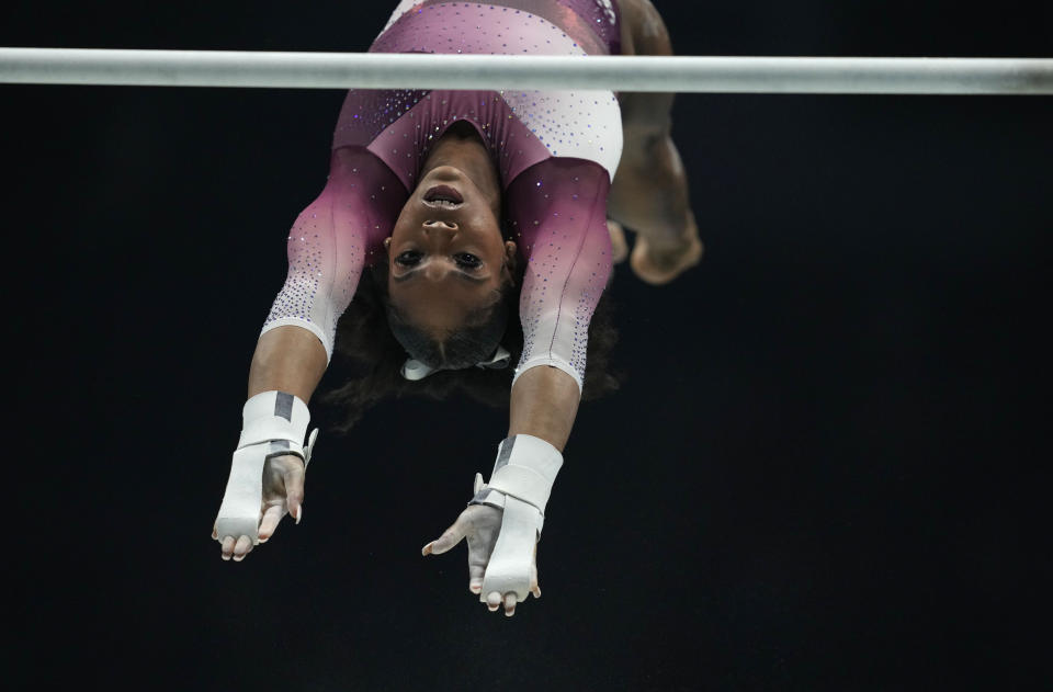 Shilese Jones of the U.S. competes in the uneven bars finals during the Artistic Gymnastics World Championships at M&S Bank Arena in Liverpool, England, Saturday, Nov. 5, 2022. (AP Photo/Thanassis Stavrakis)