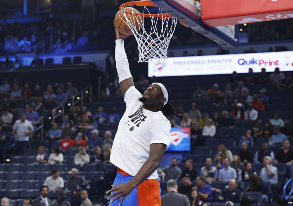 Nov 6, 2023; Oklahoma City, Oklahoma, USA; Oklahoma City Thunder guard Luguentz Dort (5) warms up before a game against the Atlanta Hawks at Paycom Center. Mandatory Credit: Alonzo Adams-USA TODAY Sports