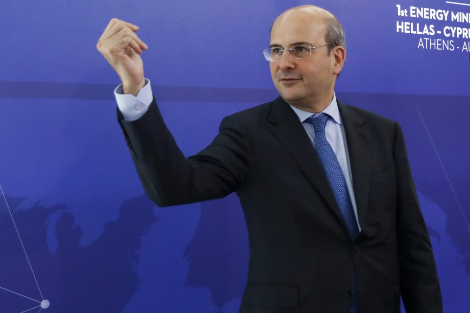 FILE - Greek politician Kostis Hatzidakis gestures during a summit in Athens, Greece, on Aug. 7, 2019. Hatzidakis, 58, was named as the new Finance Minister on Monday, June 26, 2023. (AP Photo/Petros Giannakouris, File)