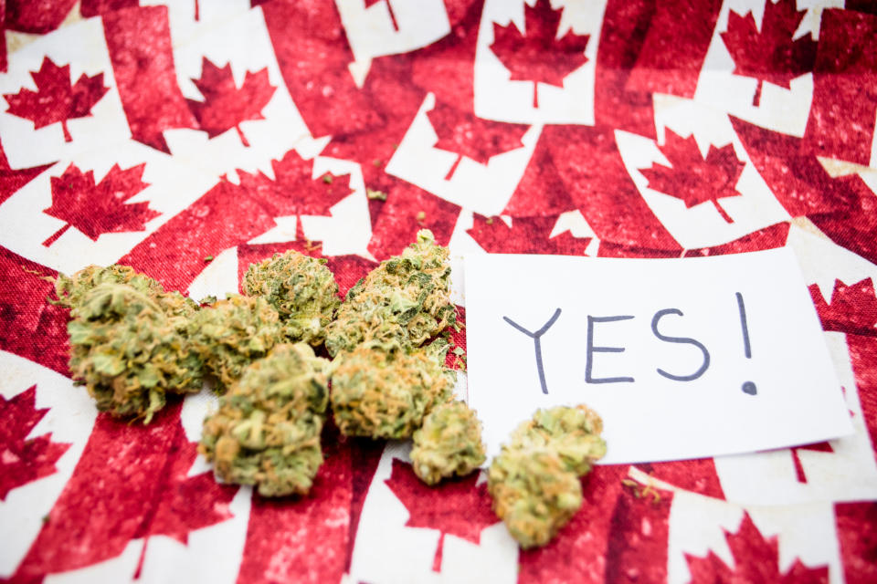 Cannabis buds next to an index card that has the word yes written on it, lying atop dozens of miniature Canadian flags.