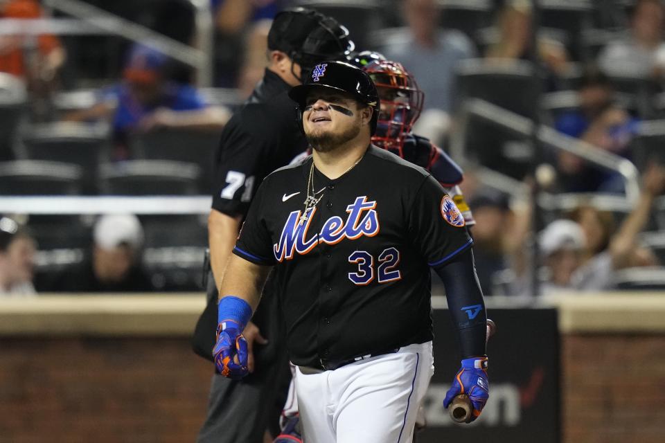 New York Mets' Daniel Vogelbach reacts after striking out to end a baseball game against the Atlanta Braves Friday, Aug. 11, 2023, in New York. The Braves won 7-0. (AP Photo/Frank Franklin II)