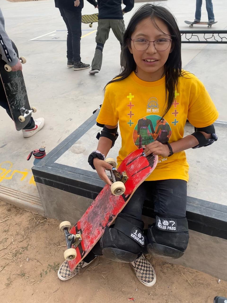 Kaeleigh Ahasteen, 13, takes a break during the Modern Matriarchs Skate Jam competition Sept. 23, 2023. She won in her age division.