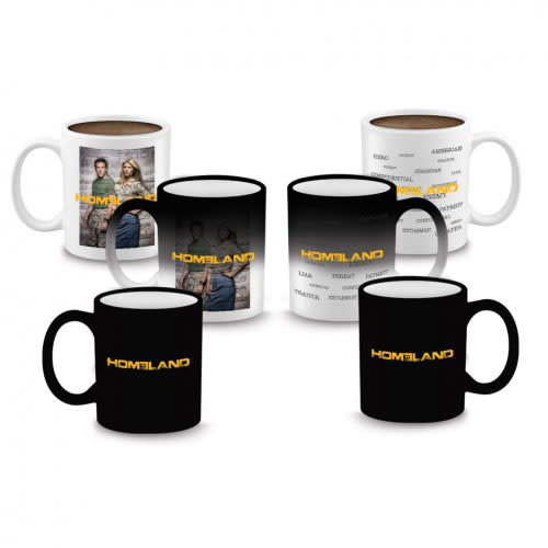 <b>GENERAL TV-RELATED GOODIES <br><br>"Homeland" Heat-Sensitive Mug</b><br>A simple black mug with the "Homeland" logo on it? Sure, until you pour hot liquid into it. Then it begins to fade to white, revealing a photo of Carrie and Brody, along with words related to the mysterious series. Fitting. <br><br><a href="http://store.sho.com/homeland-heat-sensitive-mug/detail.php?p=376176&v=showtime_shows_homeland" rel="nofollow noopener" target="_blank" data-ylk="slk:Sho.Store.com;elm:context_link;itc:0;sec:content-canvas" class="link ">Sho.Store.com</a>, $16.95