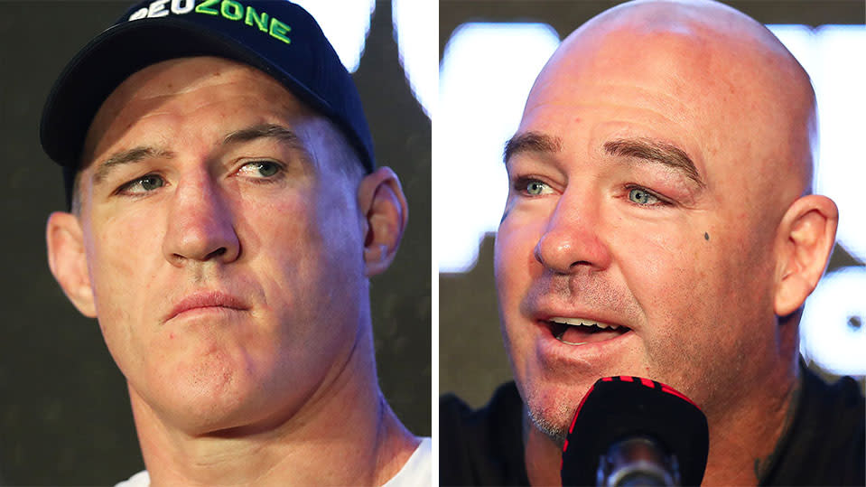 Paul Gallen (pictured left) was frustrated and hit back at Lucas Browne (pictured right) with barbs at the press conference.