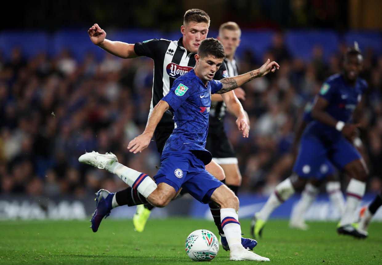 LONDON, ENGLAND - SEPTEMBER 25: Christian Pulisic of Chelsea shoots during the Carabao Cup Third Round match between Chelsea FC and Grimsby Town at Stamford Bridge on September 25, 2019 in London, England. (Photo by Chris Lee - Chelsea FC/Chelsea FC via Getty Images)