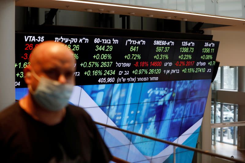 A man wearing a face mask stands near an electronic board displaying market data at the Tel Aviv Stock Exchange, in Tel Aviv