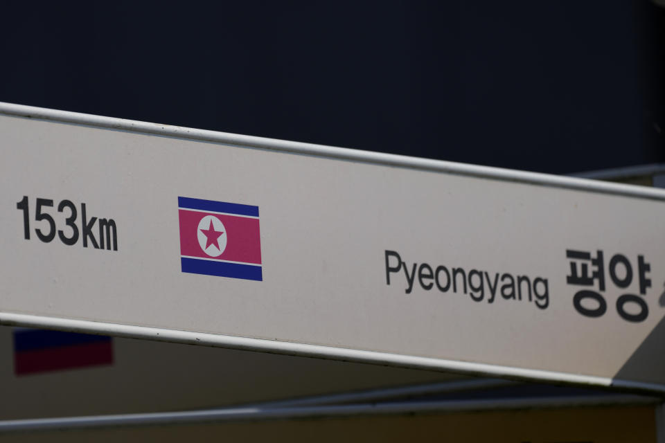 FILE - Destination sign to North Korea's capital Pyongyang is seen at the Imjingak Pavilion in Paju, South Korea on Oct. 28, 2022. With all the big issues dominating this week’s meeting of leaders of the world’s biggest economies, war, famine, poverty, to name just a few, there’s been little public discussion of North Korea and its pursuit of nuclear-armed missiles. (AP Photo/Lee Jin-man, File)