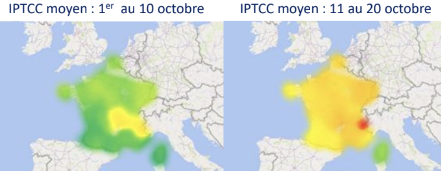 L'Index Predict de Transmissivité Climatique en France, entre le 1er et le 20 octobre. Crédit : Predict