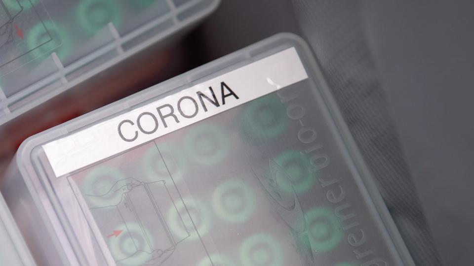 "Corona" steht im Testcenter am Stuttgarter Flughafen auf einer Dose mit durchgeführten Tests, die in ein Labor geschickt werden.
