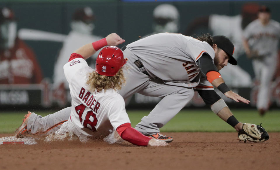 San Francisco Giants' Brandon Crawford, right,stretches to keep his foot on second as he forces out St. Louis Cardinals' Harrison Bader (48) in the sixth inning of a baseball game, Friday, July 16, 2021, in St. Louis. (AP Photo/Tom Gannam)