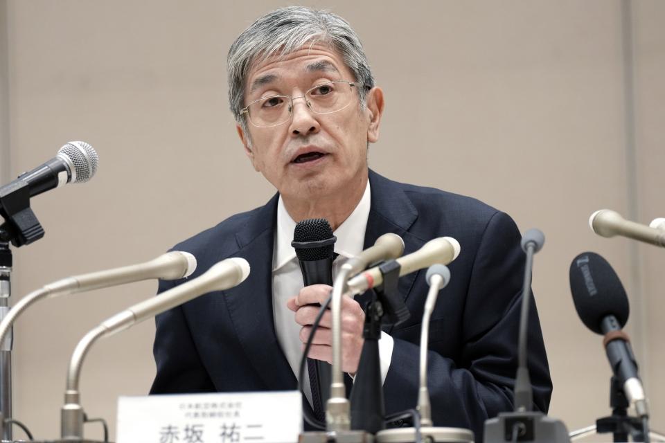 Yuji Akasaka, President and CEO, Japan Airlines speaks during a press conference in Tokyo, Wednesday, Jan. 17, 2024. Japan Airlines has named Mitsuko Tottori as its first woman president following a collision between one of its planes and a coast guard aircraft during Japanese New Year holidays that left five dead. Tottori will replace JAL president and CEO Yuji Akasaka, who will take over as chairman. (AP Photo/Eugene Hoshiko)