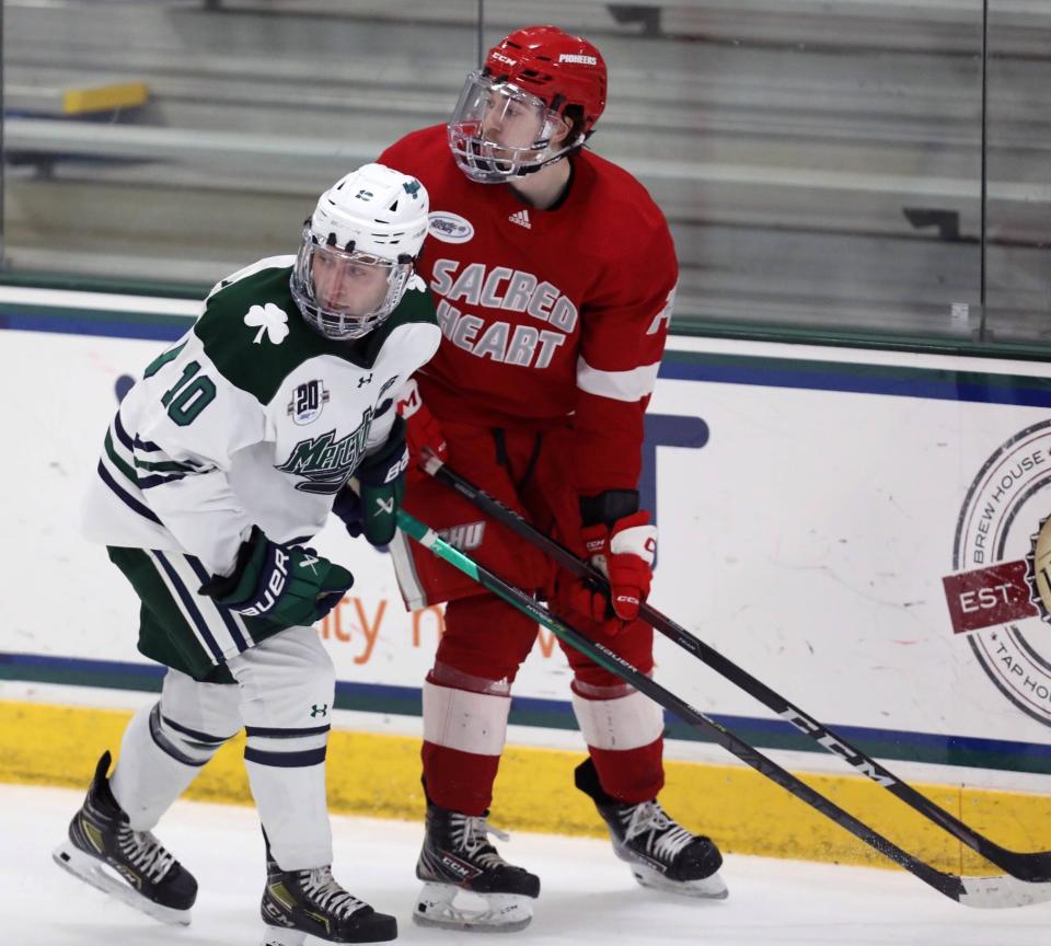 Steven Agriogianis (left) is a senior forward for the Mercyhurst University men's hockey team. Agriogianis is an advocate for mandatory neck protection throughout the sport in light of the Oct. 28 death of former Pittsburgh Penguin Adam Johnson during a professional game in England.