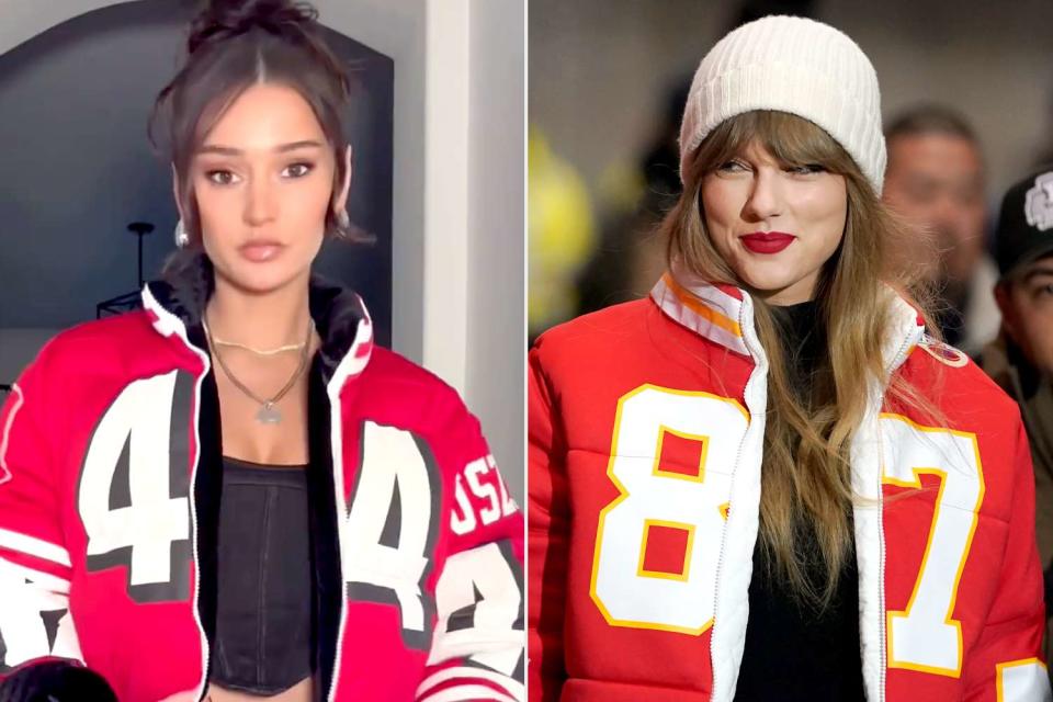 <p>Kristin Juszczyk/Instagram; Ed Zurga/AP</p> Kristin Juszczyk and Taylor Swift in red puffer jackets