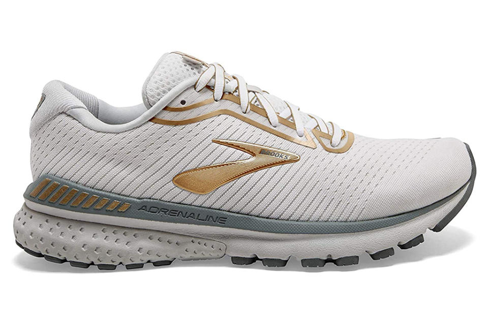 brooks, white, gold, sneakers, running shoes