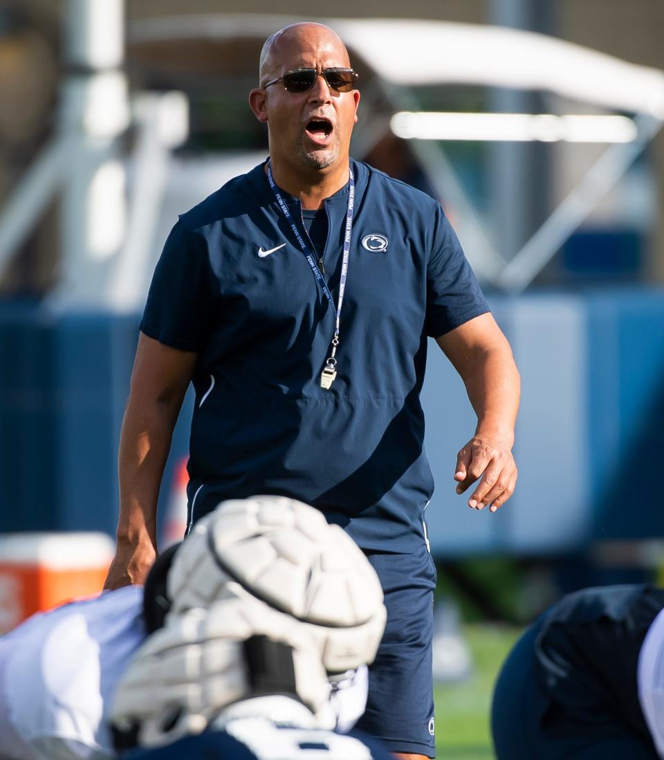 Penn State football head coach James Franklin yells to the special teams unit during an afternoon practice outside Holuba Hall on Saturday, August 6, 2022, in State College.
