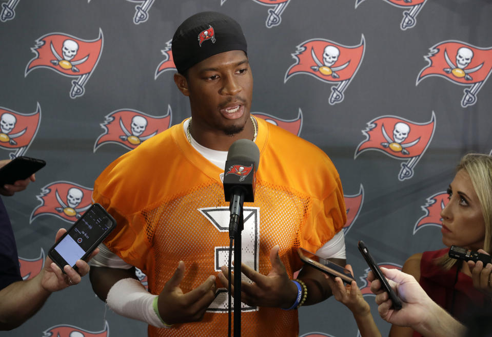 Jameis Winston has been the focal point for all the wrong reasons as the Buccaneers open training camp. (AP)