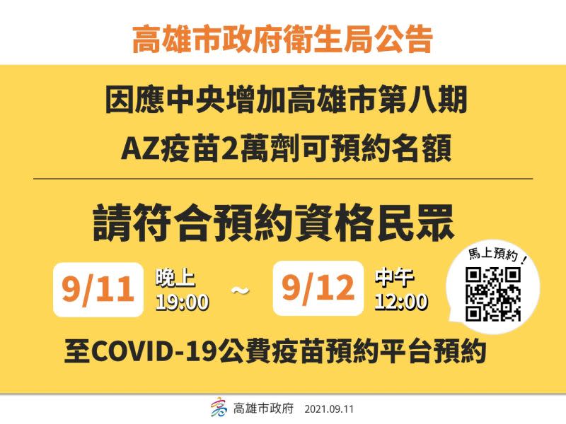 ▲中央今（11）日增加高雄市第8梯次AZ疫苗2萬劑可預約名額。（圖／高雄市衛生局提供）