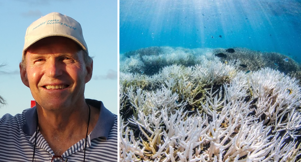 Veteran diver Tony Fontes, left, beside coral bleaching at the Great Barrier Reef, right. 