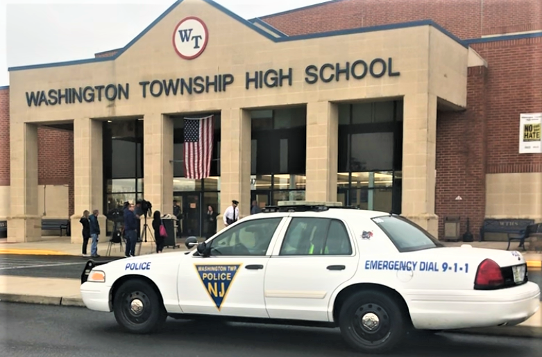 Washington Township High School on Hurffville-Cross Keys Roads now has two police officers permanently assigned, part of a district-wide assignment of 14 police officers to provide on-site security. District and township officials called a press briefing Tuesday morning to talk about changes that took place as of this September. PHOTO: Sept. 26, 2023.