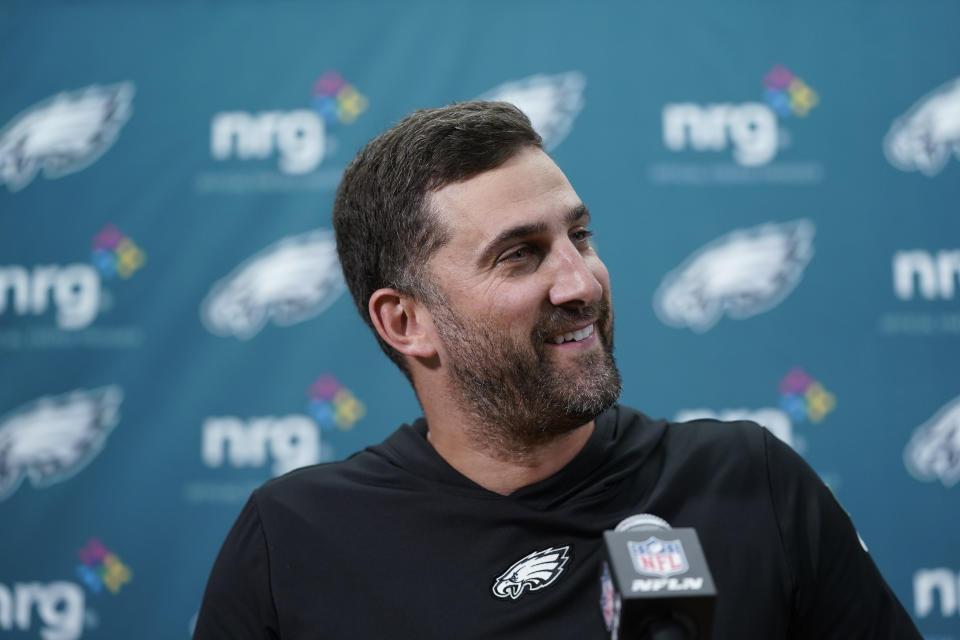 Philadelphia Eagles head coach Nick Sirianni speaking to members of the media at the end of an NFL football game against the Washington Commanders, Sunday, Oct. 29, 2023, in Landover, Md. Eagles won 38-31. (AP Photo/Alex Brandon)