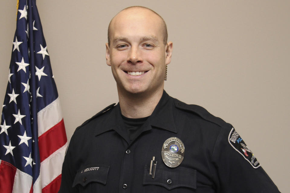 This photo provided by The City of Burnsville, Minn., shows Sgt. Adam Medlicott. Two police officers and a first responder were shot and killed early Sunday, Feb. 18, 2024 at a home in n Burnsville, Minn. Medlicott, was injured and being treated at a hospital with what are believed to be non-life-threatening injuries, the city said. (The City of Burnsville, Minn., via AP)