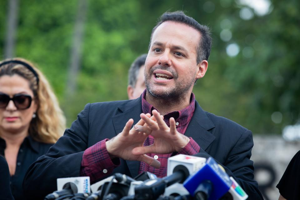 José Joel Sosa, son of the late singer José José, speaks during a news conference at Bayfront Park in Miami on October 1, 2019. (Photo by Eva Marie UZCATEGUI / AFP) (Photo by EVA MARIE UZCATEGUI/AFP via Getty Images)