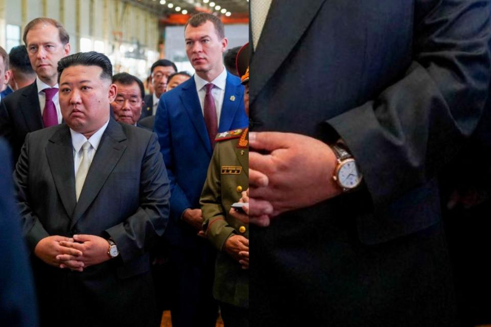 2023年9月15日，北韓領導人金正恩率團參訪俄羅斯阿穆爾河畔共青城航空工廠，手上戴著他常戴的沙夫豪森IWC萬國錶。路透社／KCNA