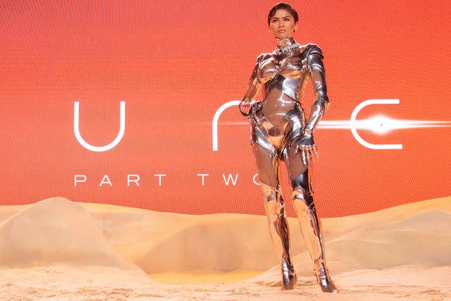 <p>Jeff Spicer/Getty</p> Zendaya on the dunes of the 'Dune: Part Two' premiere