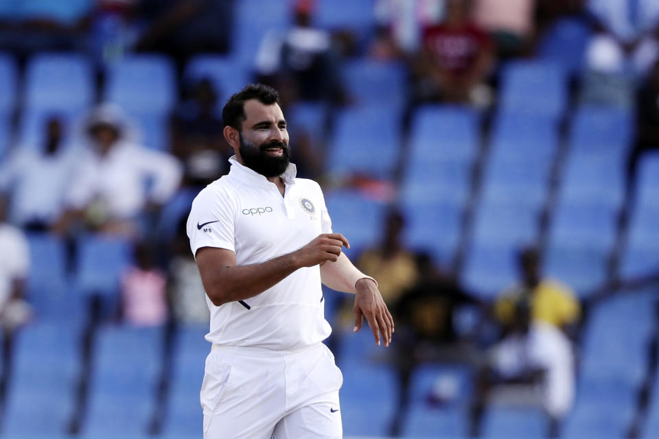 India's Mohammed Shami celebrates taking the wicket of West Indies' Shannon Gabriel during day four of the first Test cricket match at the Sir Vivian Richards cricket ground in North Sound, Antigua and Barbuda, Sunday, Aug. 25, 2019. (AP Photo/Ricardo Mazalan)