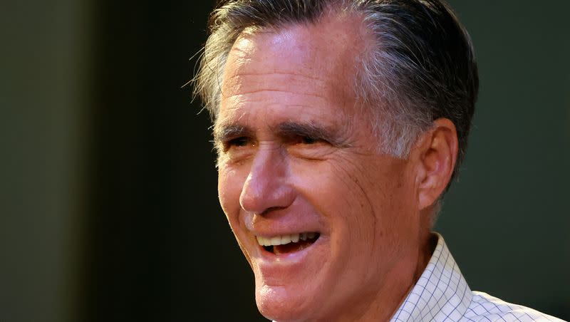 Sen. Mitt Romney, R-Utah, speaks at RevRoad in Provo on Aug. 23, 2023. Romney was the answer to a trivia question on a recent episode of “Jeopardy!”