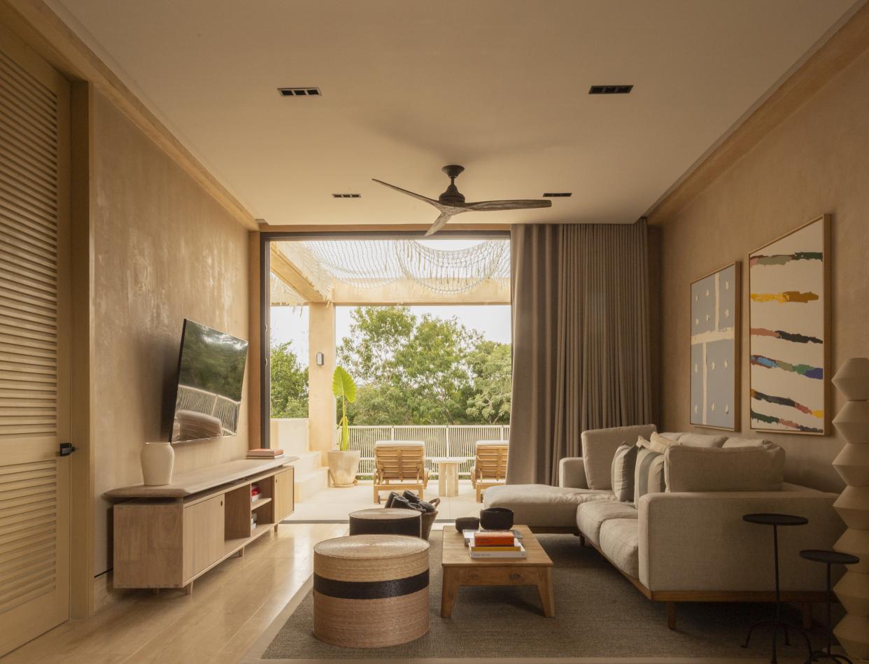  A living room painted in limewash paint. 