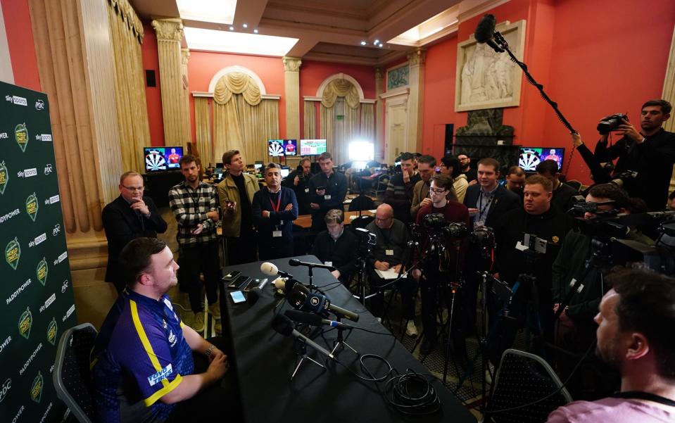 Luke Littler speaks to the media after his match against Raymond van Barneveld (not pictured) on day thirteen of the Paddy Power World Darts Championship at London's Alexandra Palace