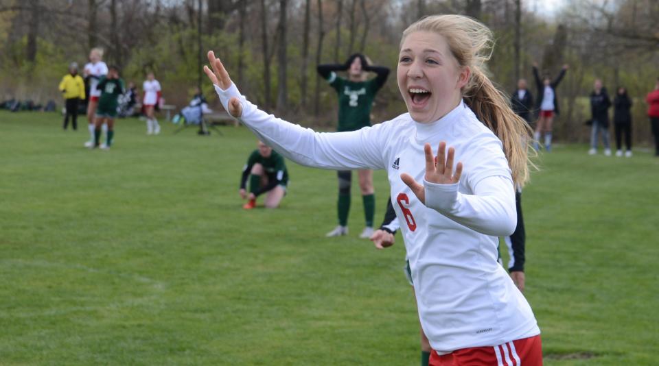 Gabrielle Willis of Monroe celebrates a goal against Allen Park during the SMCC Invitational on Saturday, April 20, 2024.