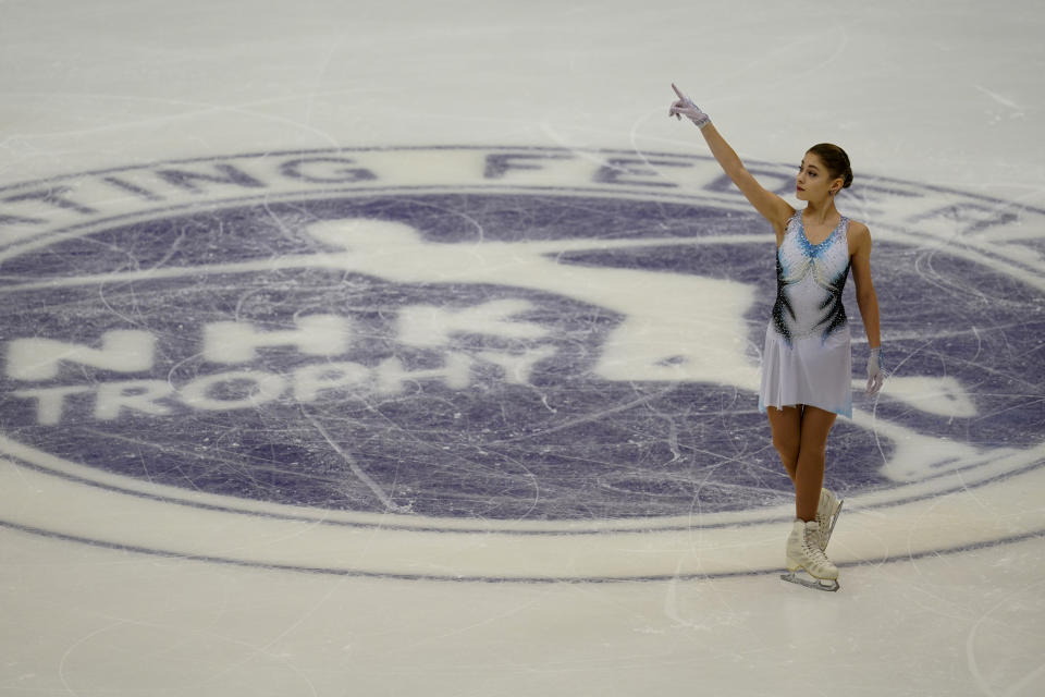 Alena Kostornaia of Russia performs in the ladies short program during the ISU Grand Prix of Figure Skating in Sapporo, northern Japan, Friday, Nov. 22, 2019. (AP Photo/Toru Hanai)