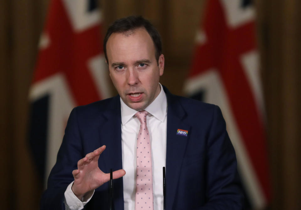 Health Secretary Matt Hancock during a media briefing on coronavirus (COVID-19) in Downing Street, London.