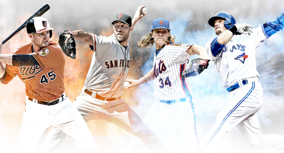 Wild-card game stars: Madison Bumgarner, Noah Syndergaard, Mark Trumbo, Josh Donaldson (Yahoo Sports illustration)