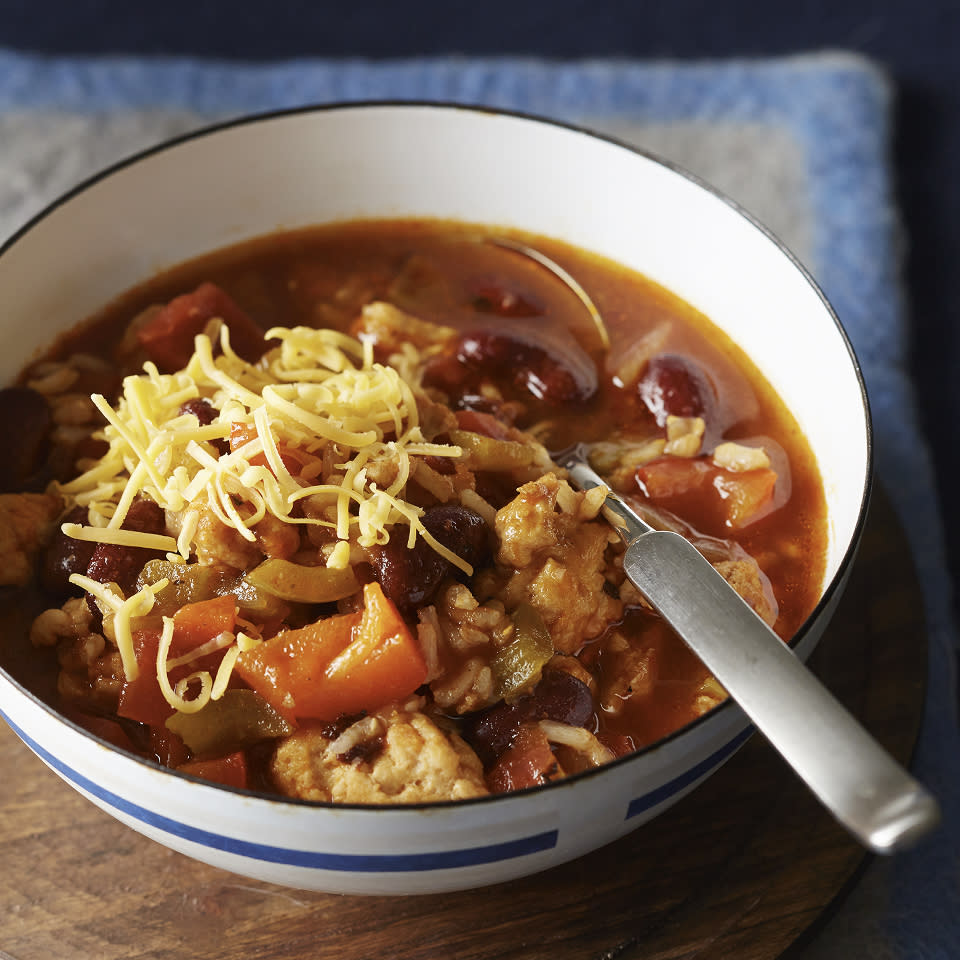 <p>This hearty turkey chili recipe takes just 35 minutes to prep. While it's cooking, you'll have time to throw together a green salad and warm up some crusty bread to complete the meal.</p> <p> <a href="https://www.eatingwell.com/recipe/269013/turkey-brown-rice-chili/" rel="nofollow noopener" target="_blank" data-ylk="slk:View Recipe" class="link ">View Recipe</a></p>