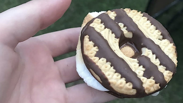 Holding a Fudge-striped S'mores