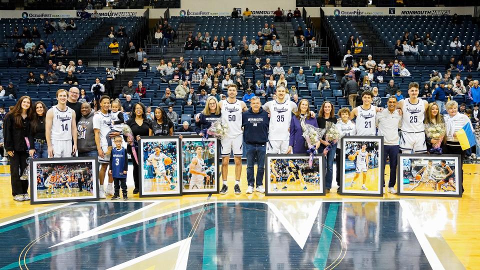 Monmouth seniors (left to right) Jack Holmstrom, Jakari Spence, Braedan Allen, Klemen Vuga, Xander Rice and Nikita Konstantynovskyi during a Senior Day pregame ceremony on Feb. 24, 2024 in West Long Branch, N.J.