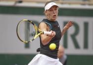 May 27, 2019; Paris, FRANCE; Caroline Wozniacki (DEN) in action during her match against Veronica Kudermetova (RUS) on day two of the 2019 French Open at Stade Roland Garros. Mandatory Credit: Susan Mullane-USA TODAY Sports