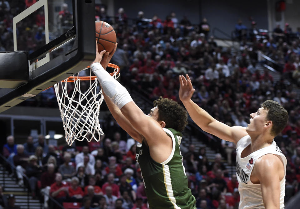 Colorado State guard David Roddy shoots past the defense of San Diego State forward Yanni Wetzell, right, during the first half of an NCAA college basketball game Tuesday, Feb. 25, 2020, in San Diego. (AP Photo/Denis Poroy)