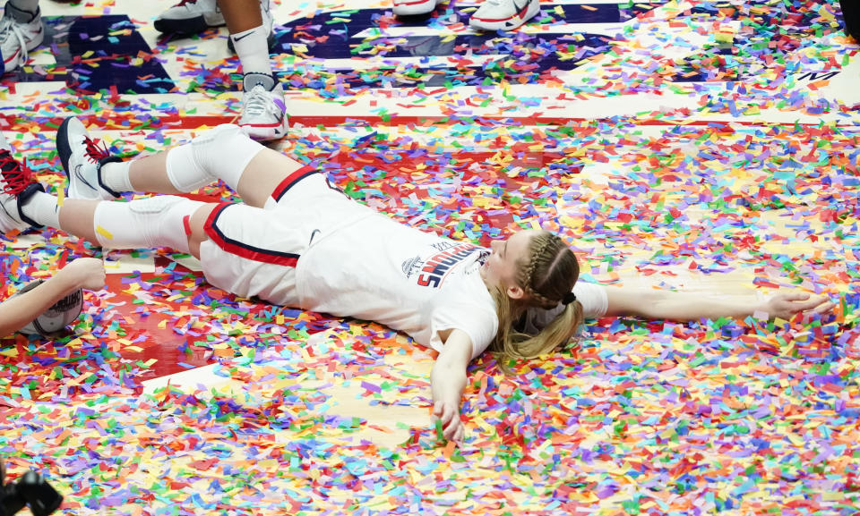 Mar 8, 2021; Uncasville, Connecticut, USA; UConn Huskies guard Paige Bueckers (5) celebrates after defeating the Marquette Golden Eagles in the Big East Championship game at Mohegan Sun. Mandatory Credit: David Butler II-USA TODAY Sports