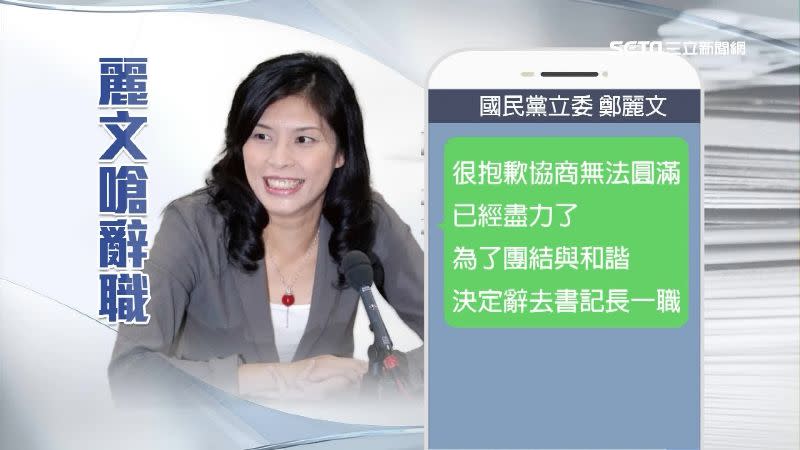 剛接下黨團幹部的鄭麗文表示協調不力，要請辭書記長職務。