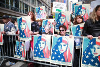 <p>A group of women with Munira Ahmed signs participate in the “I am a Muslim too” rally at Times Square in New York City on Feb. 19, 2017. (Gordon Donovan/Yahoo News) </p>