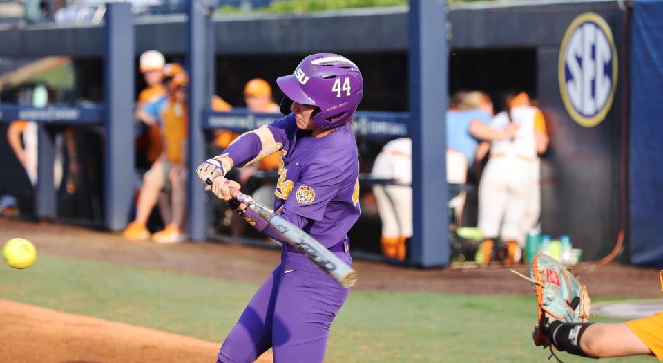 May 9, 2024; Auburn, AL, USA; LSU outfielder Ali Newland (44) swings at a pitch against Tennessee during the quarterfinals of the SEC Softball Championship at Jane B. Moore Field. Mandatory Credit: John Reed-USA TODAY Sports