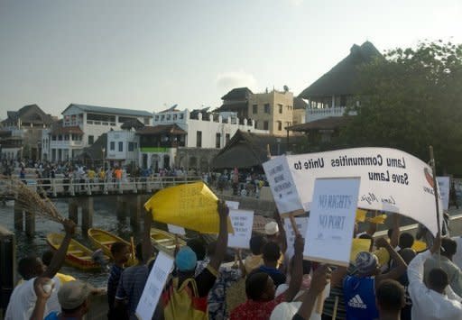 Residents of Lamu demonstrate against the port plans. Kenya has launched the construction of a massive port, railway and refinery Friday near a UNESCO-listed Indian Ocean island in a project it bills as the biggest ever in an African nation