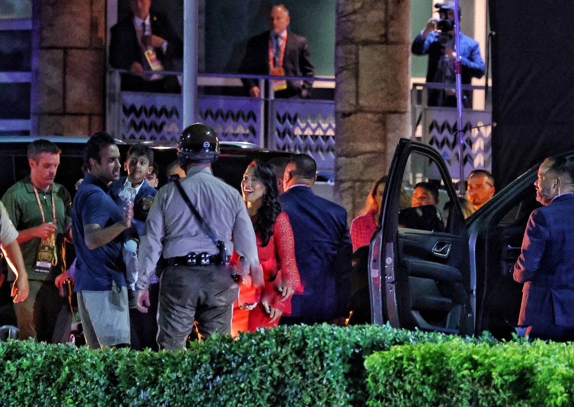 Republican presidential candidate Vivek Ramaswamy, left, arrives at the Knight Concert Hall with his family just 90 minutes before the start of the debate. Carl Juste/cjuste@miamiherald.com